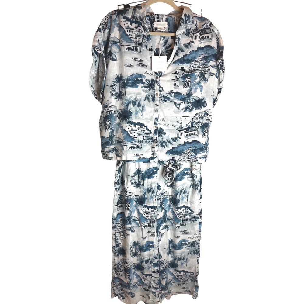 Cynthia Rowley Amalfi Coast Toile Linen Blend 2 Piece Pant Set Blue White XL NEW